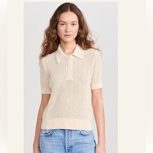 NEW 🤩 CLARE V. Augustine Polo Ivory Crochet Cream Knit Polo Shirt size L